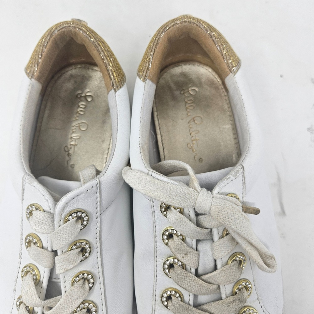 Lilly Pulitzer White Leather Gold Rhinestone Eyelet Low Top Sneakers Womens Sz 7 - Picture 3 of 11